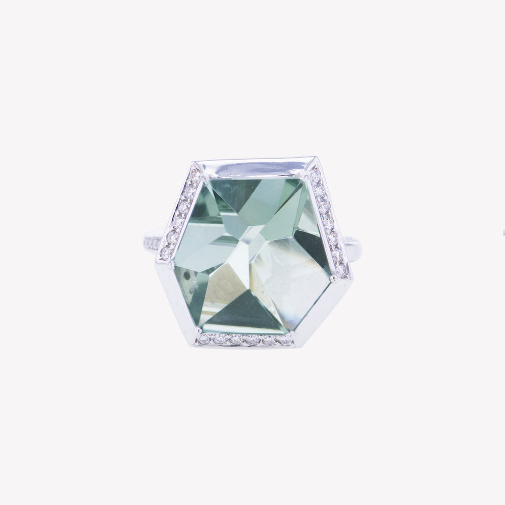 W/G Green Amethyst Diamond Ring