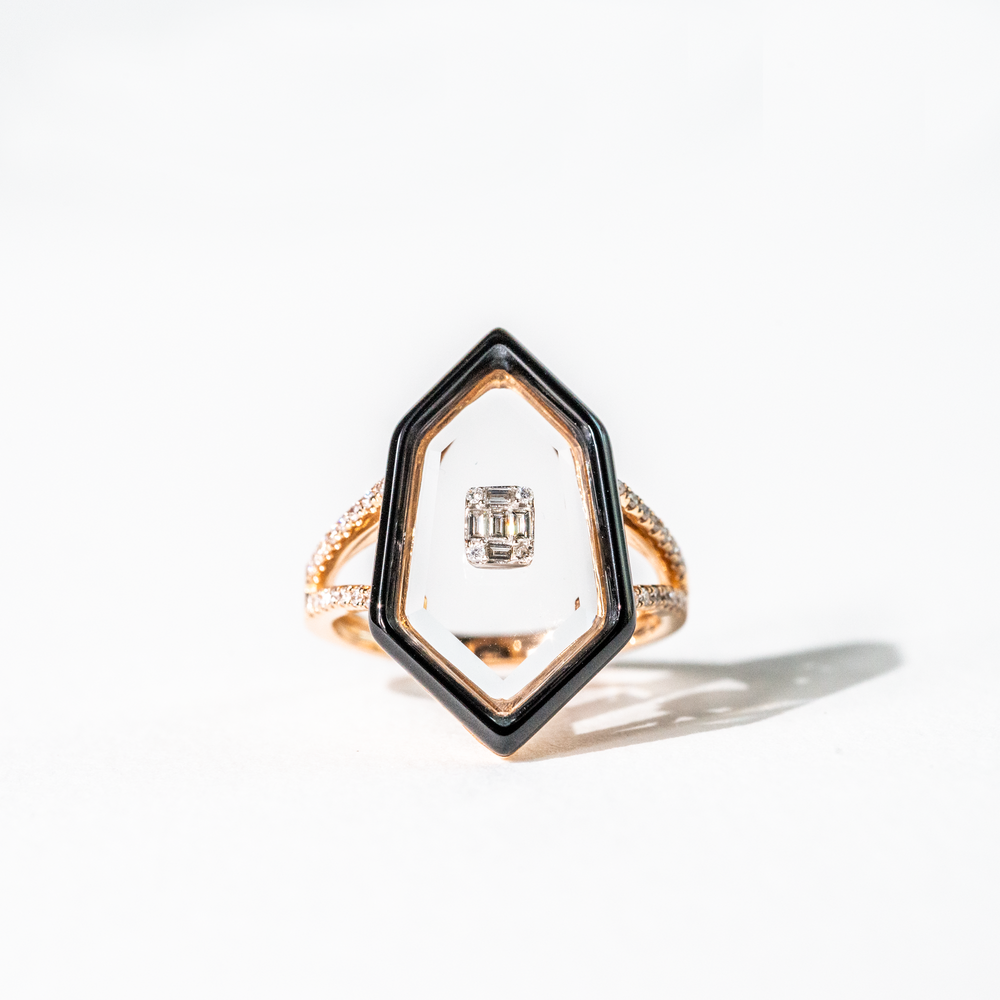 Floating Diamond and Onyx Window Ring