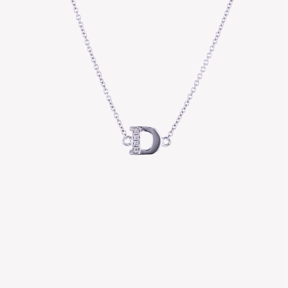 Letter D Diamond Pendant With Chain in White Gold