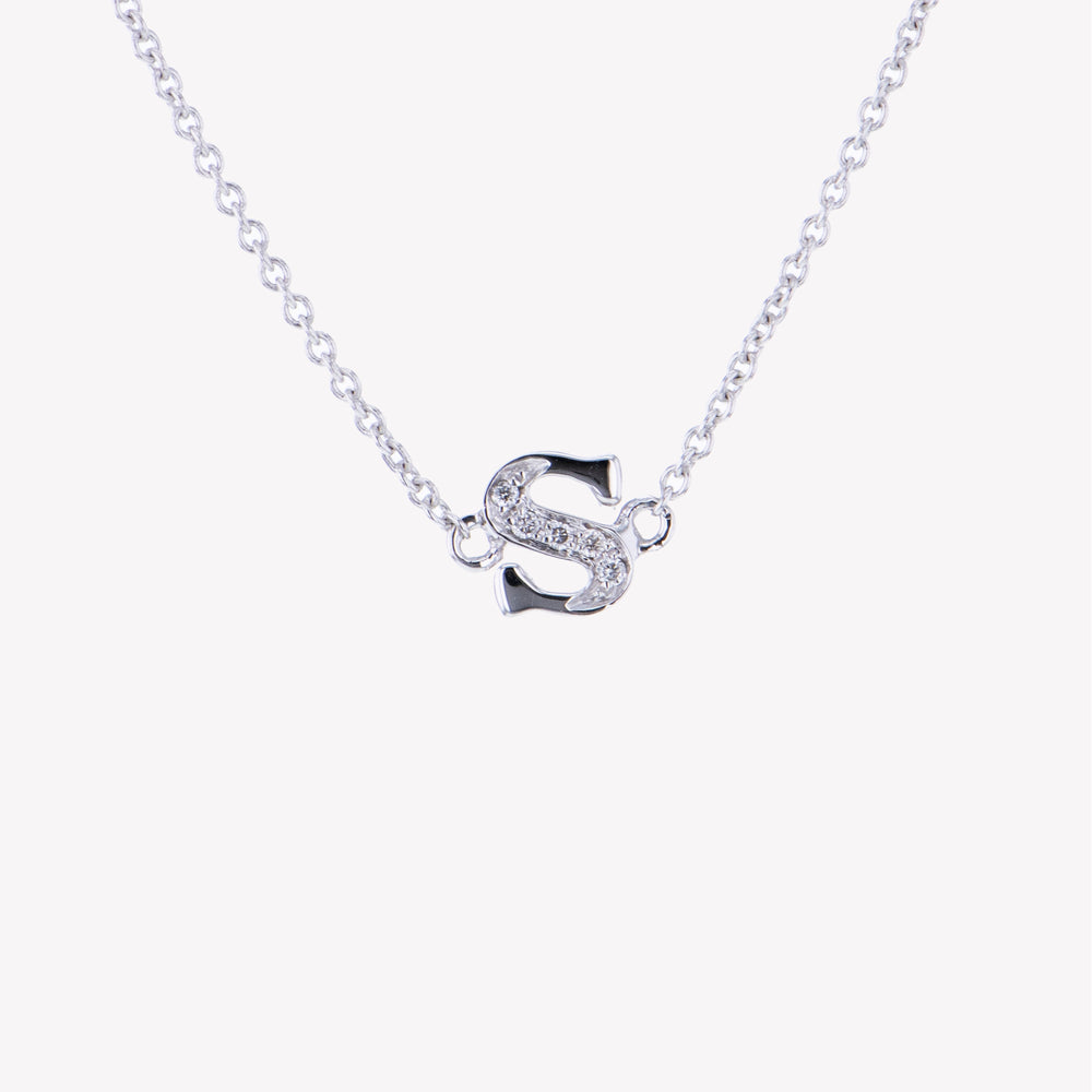 Letter S Diamond Pendant With Chain in White Gold