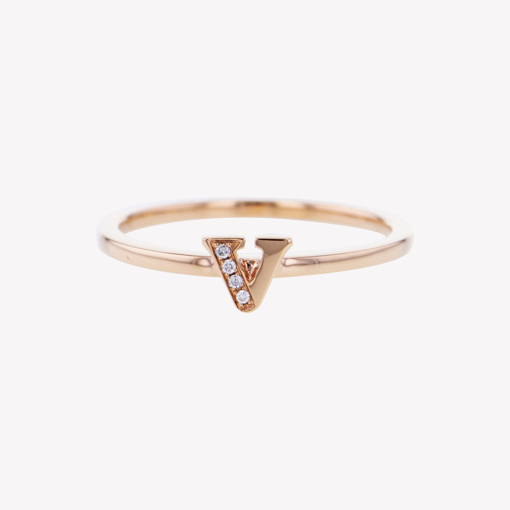 Letter V Diamond Ring in Rose Gold