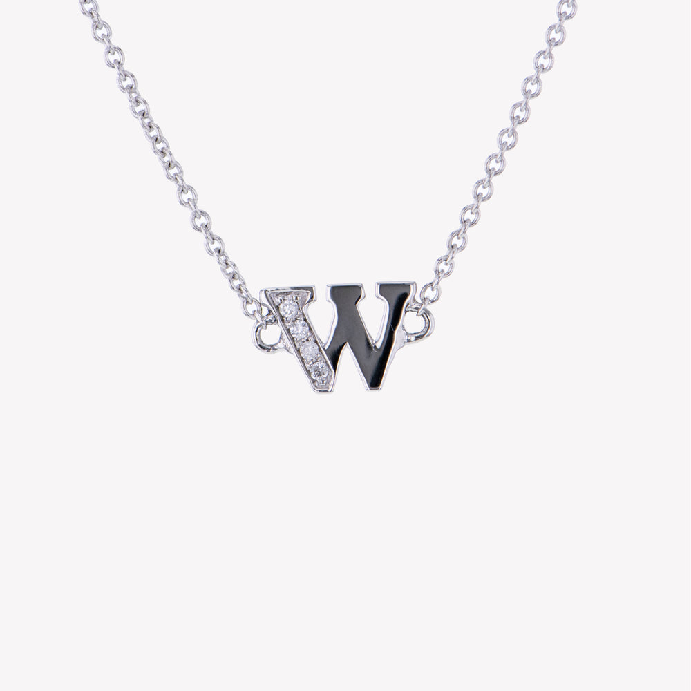 Letter W Diamond Pendant With Chain in White Gold