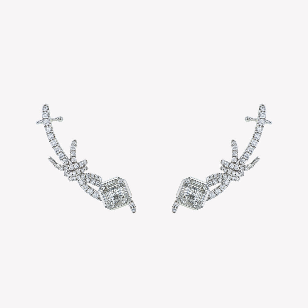 White Gold Asscher Studs with Barbwire Accessories