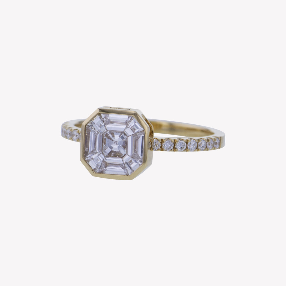 Detachable Yellow Gold Asscher Head with Round Diamond Band