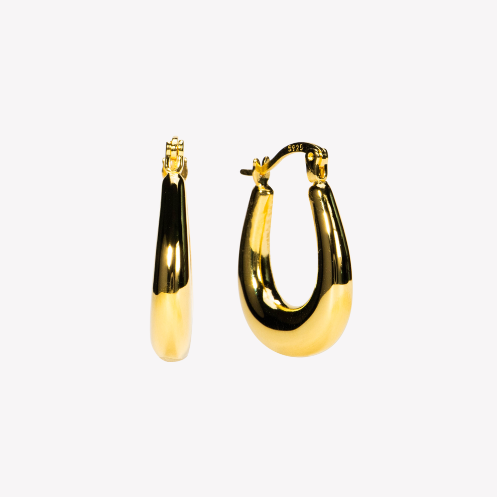 Yellow Gold Oval Drop Hoop Earrings